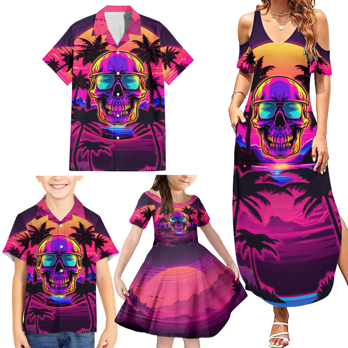 Foreuer Chasing Sunsets Skull Family Matching Summer Maxi Dress and Hawaiian Shirt - Wonder Print Shop