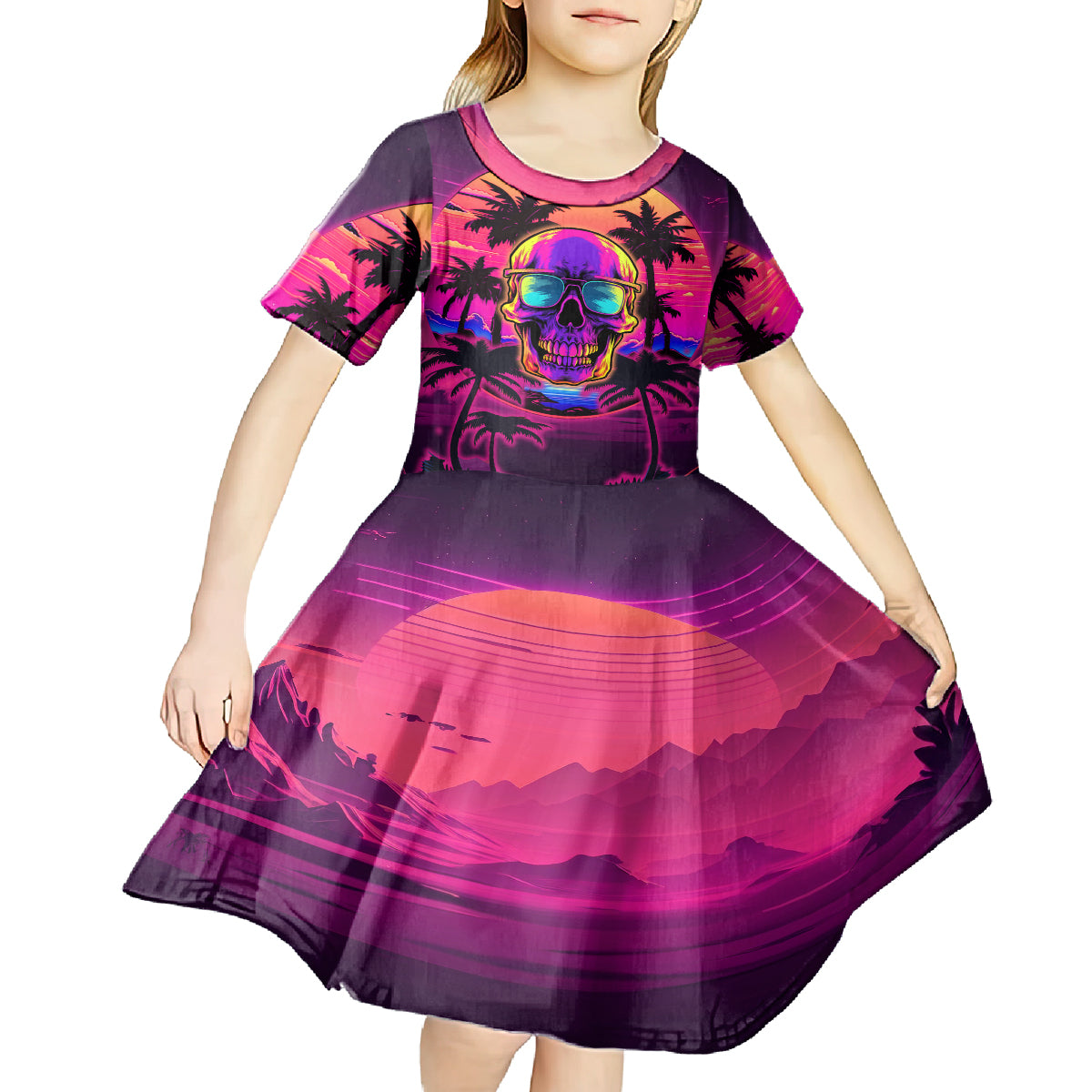 Foreuer Chasing Sunsets Skull Kid Short Sleeve Dress - Wonder Print Shop