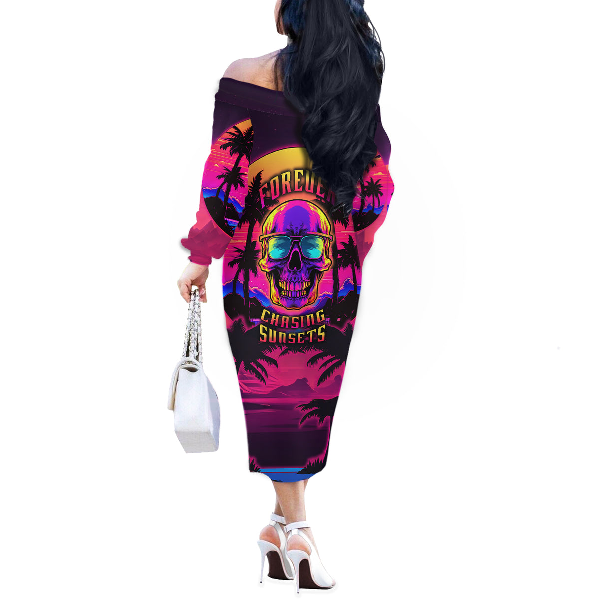 Foreuer Chasing Sunsets Skull Off The Shoulder Long Sleeve Dress - Wonder Print Shop