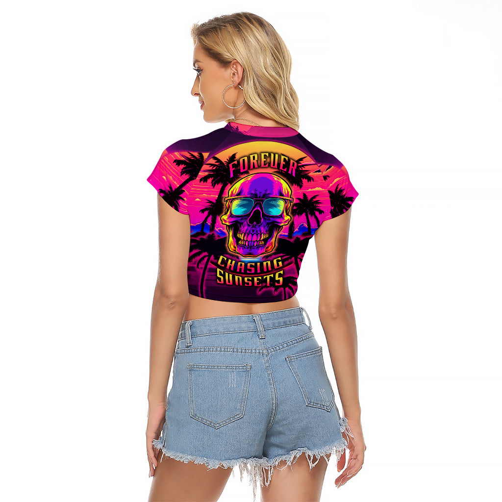 Foreuer Chasing Sunsets Skull Raglan Cropped T Shirt - Wonder Print Shop