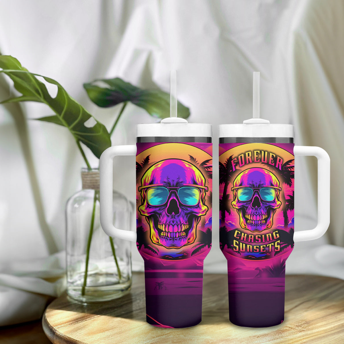 Foreuer Chasing Sunsets Skull Tumbler With Handle - Wonder Print Shop
