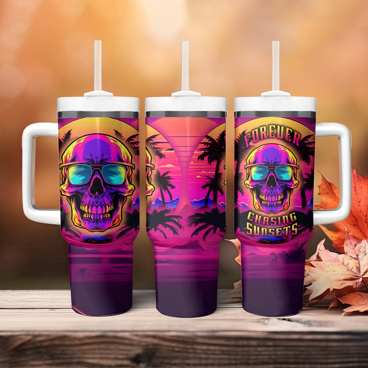 Foreuer Chasing Sunsets Skull Tumbler With Handle - Wonder Print Shop