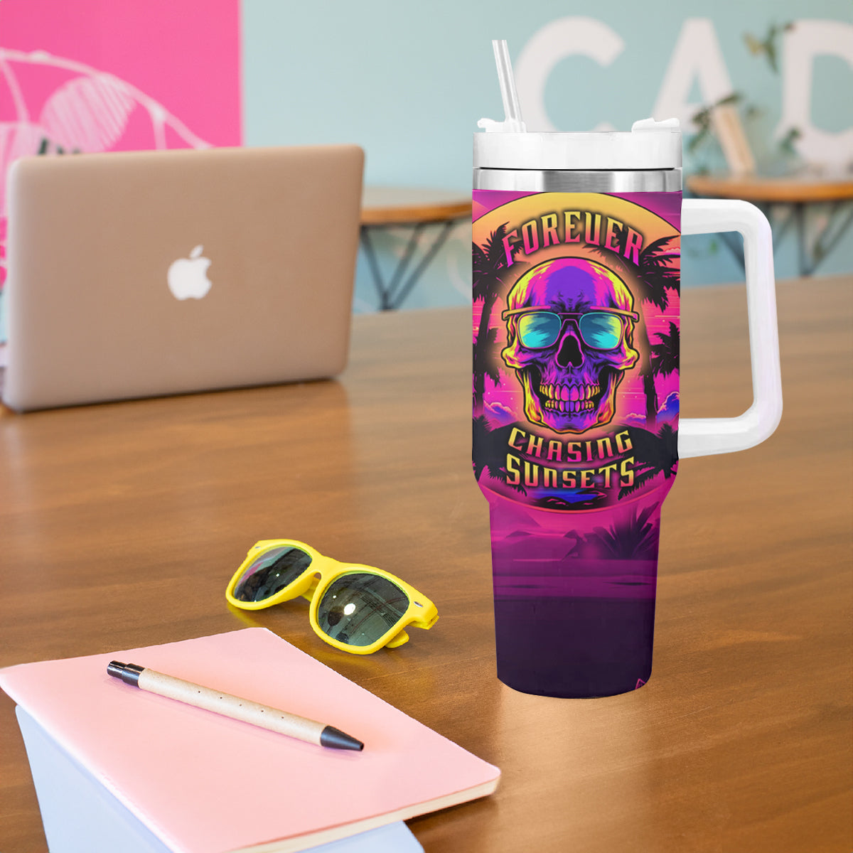Foreuer Chasing Sunsets Skull Tumbler With Handle - Wonder Print Shop