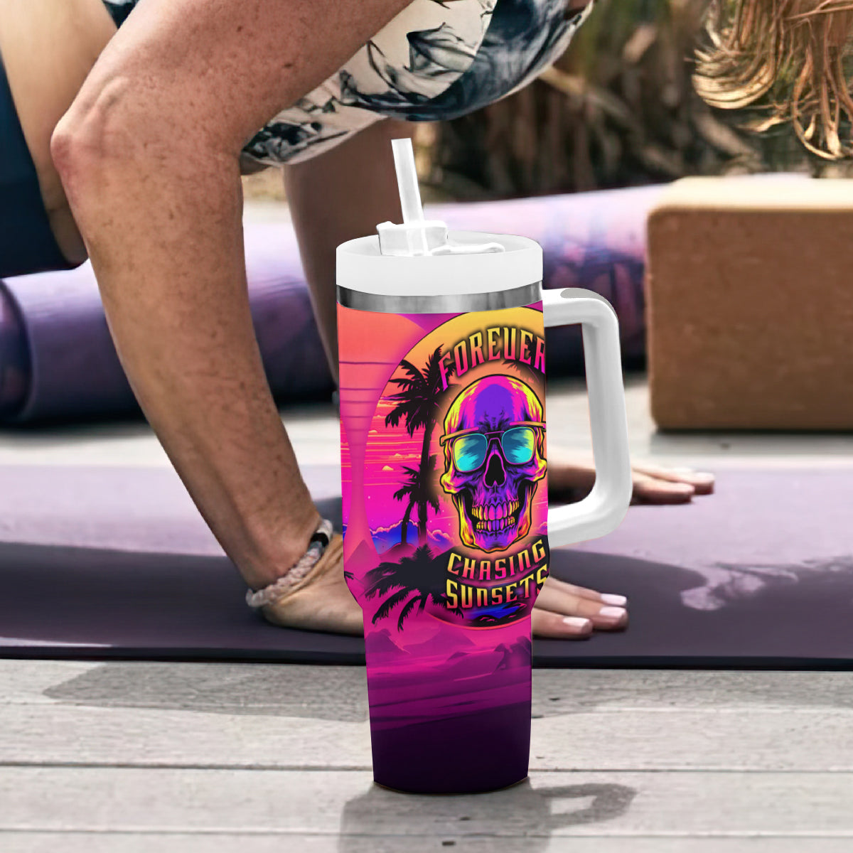 Foreuer Chasing Sunsets Skull Tumbler With Handle - Wonder Print Shop