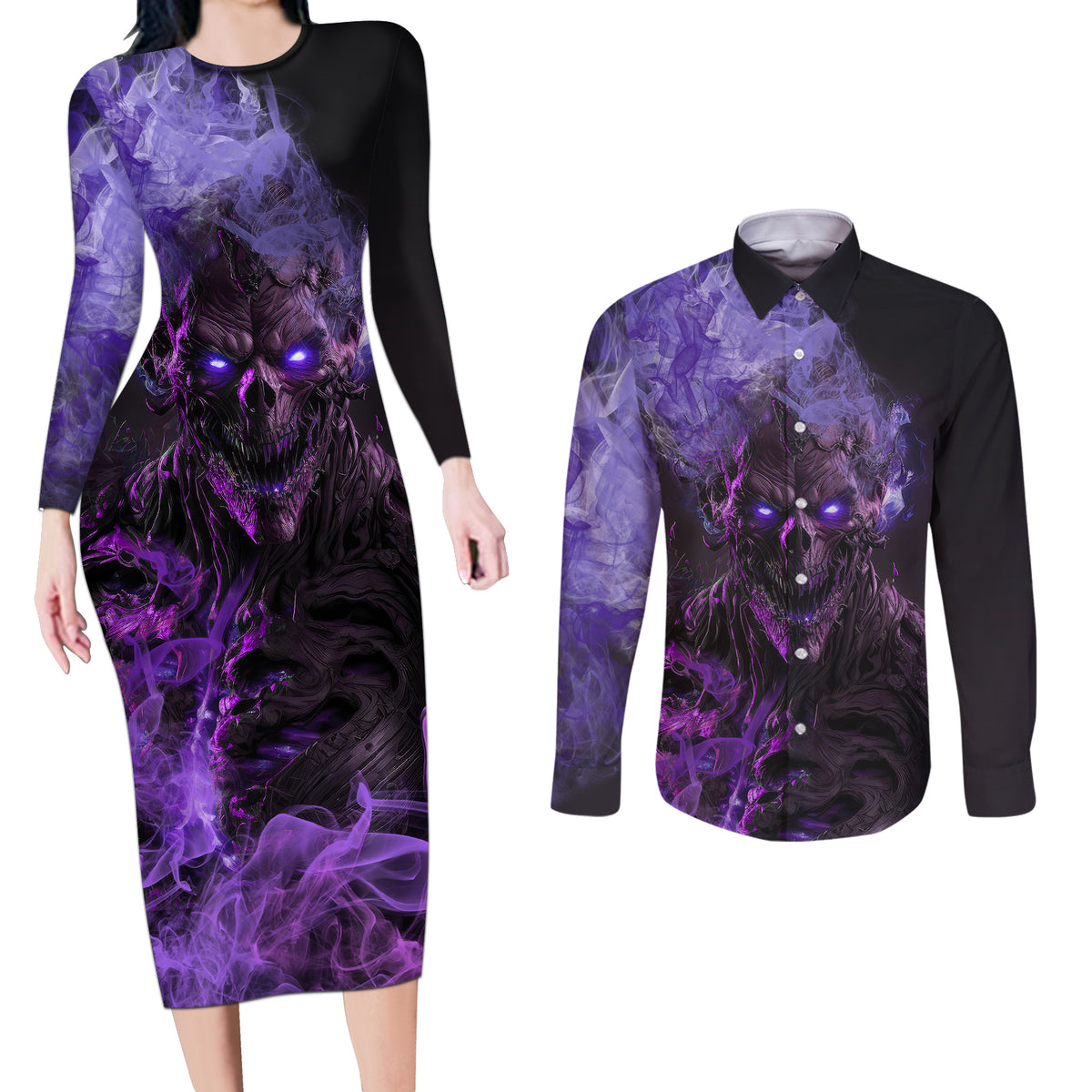 Don't Test The Monster In Me Couples Matching Long Sleeve Bodycon Dress and Long Sleeve Button Shirts - Wonder Print Shop