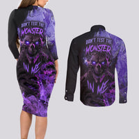 Don't Test The Monster In Me Couples Matching Long Sleeve Bodycon Dress and Long Sleeve Button Shirts - Wonder Print Shop