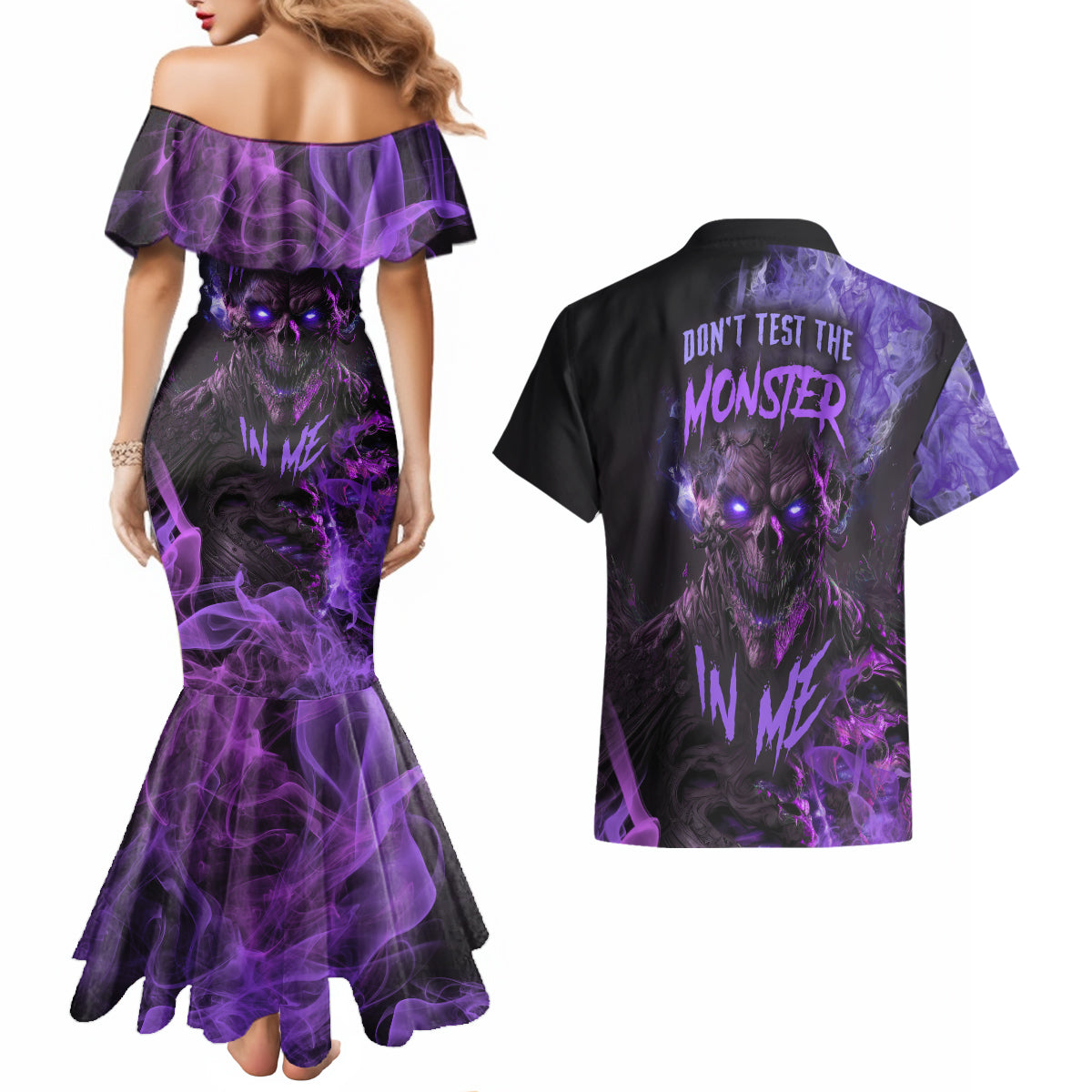Don't Test The Monster In Me Couples Matching Mermaid Dress and Hawaiian Shirt - Wonder Print Shop