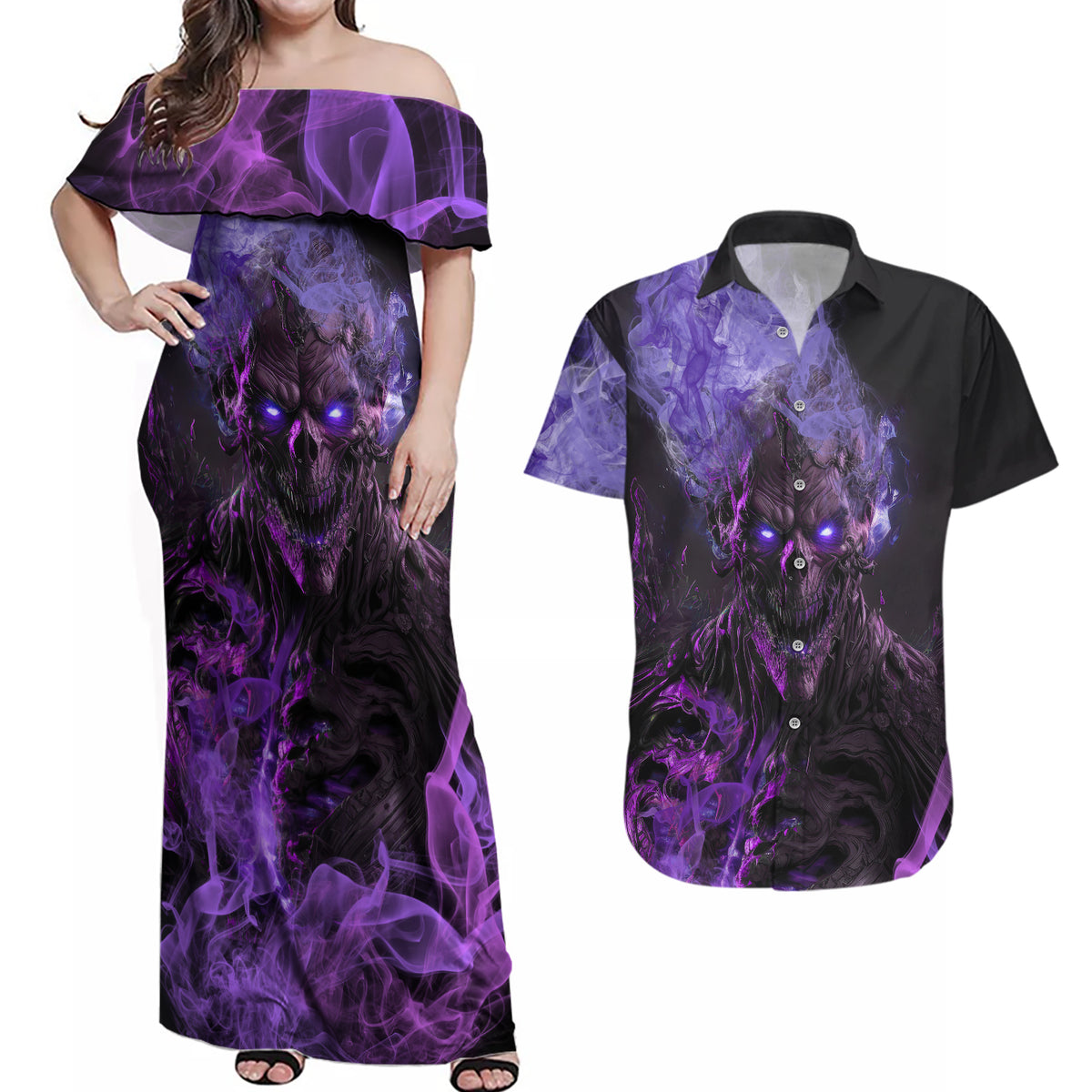 Don't Test The Monster In Me Couples Matching Off Shoulder Maxi Dress and Hawaiian Shirt - Wonder Print Shop