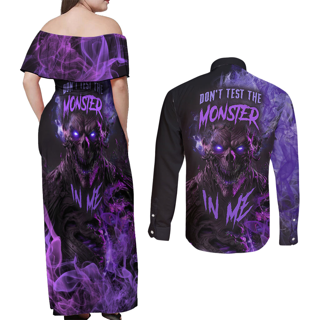 Don't Test The Monster In Me Couples Matching Off Shoulder Maxi Dress and Long Sleeve Button Shirts - Wonder Print Shop
