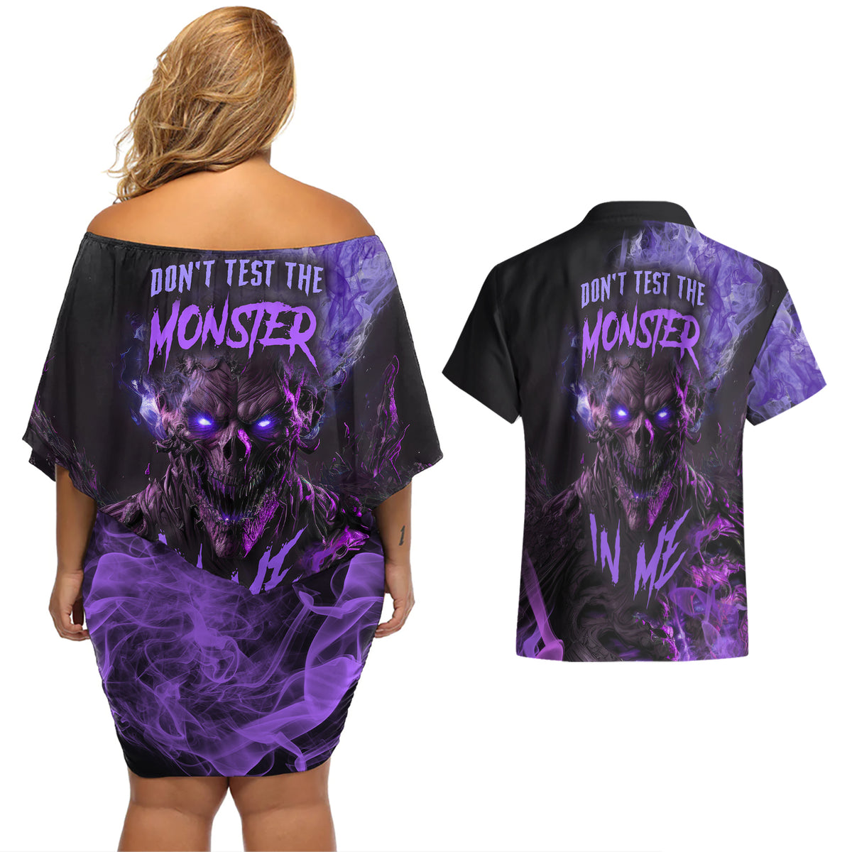 Don't Test The Monster In Me Couples Matching Off Shoulder Short Dress and Hawaiian Shirt - Wonder Print Shop