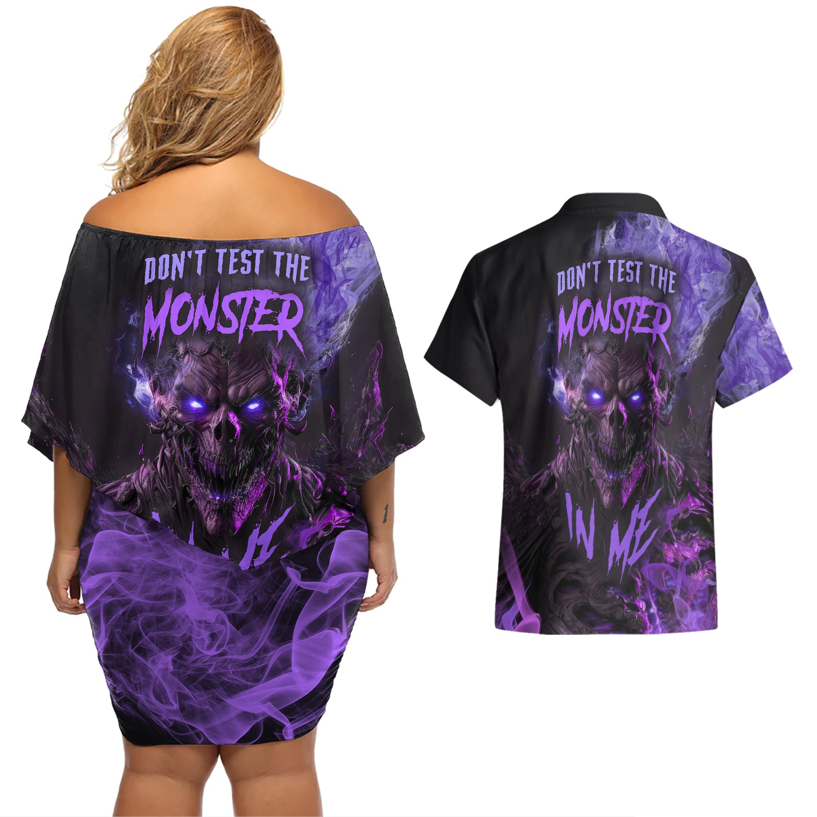 Don't Test The Monster In Me Couples Matching Off Shoulder Short Dress and Hawaiian Shirt - Wonder Print Shop