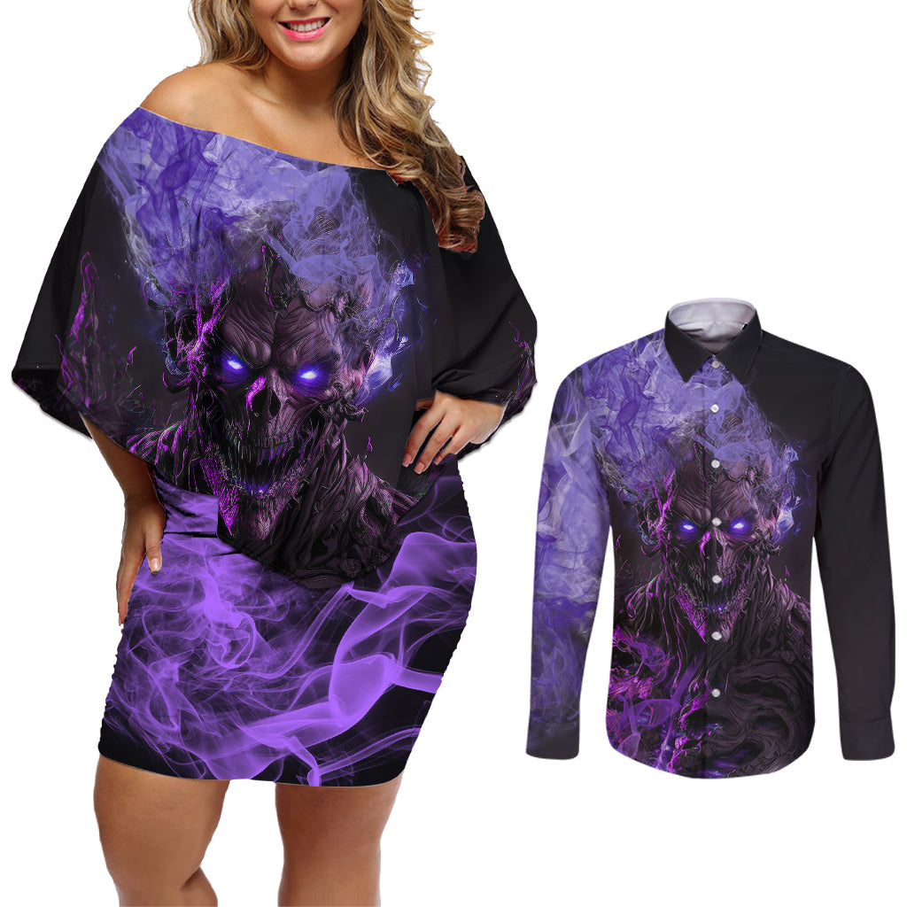 Don't Test The Monster In Me Couples Matching Off Shoulder Short Dress and Long Sleeve Button Shirts - Wonder Print Shop