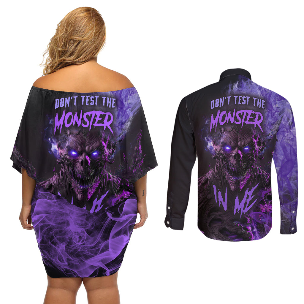 Don't Test The Monster In Me Couples Matching Off Shoulder Short Dress and Long Sleeve Button Shirts - Wonder Print Shop