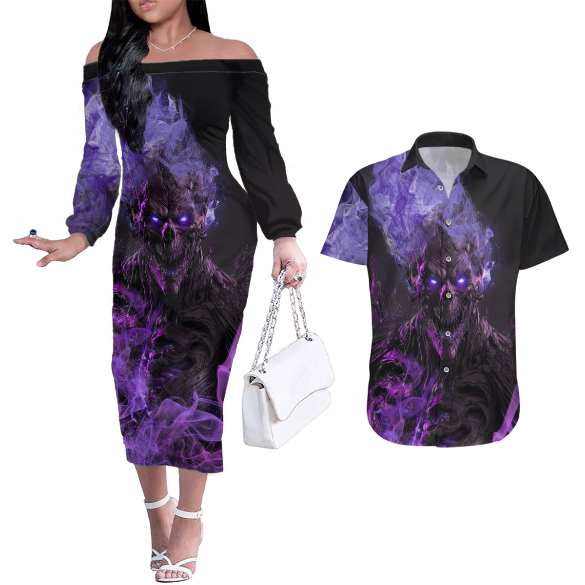 Don't Test The Monster In Me Couples Matching Off The Shoulder Long Sleeve Dress and Hawaiian Shirt - Wonder Print Shop