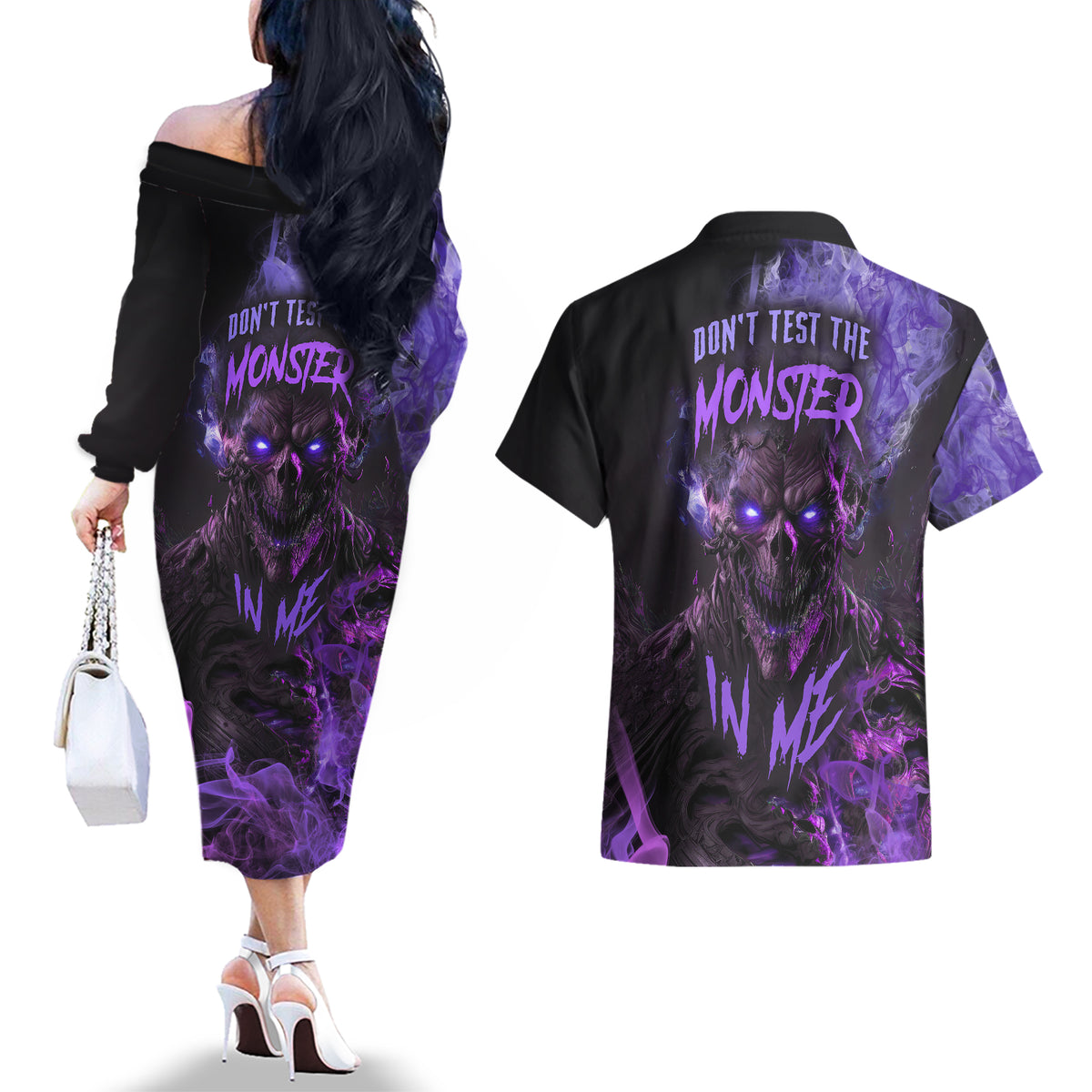 Don't Test The Monster In Me Couples Matching Off The Shoulder Long Sleeve Dress and Hawaiian Shirt - Wonder Print Shop