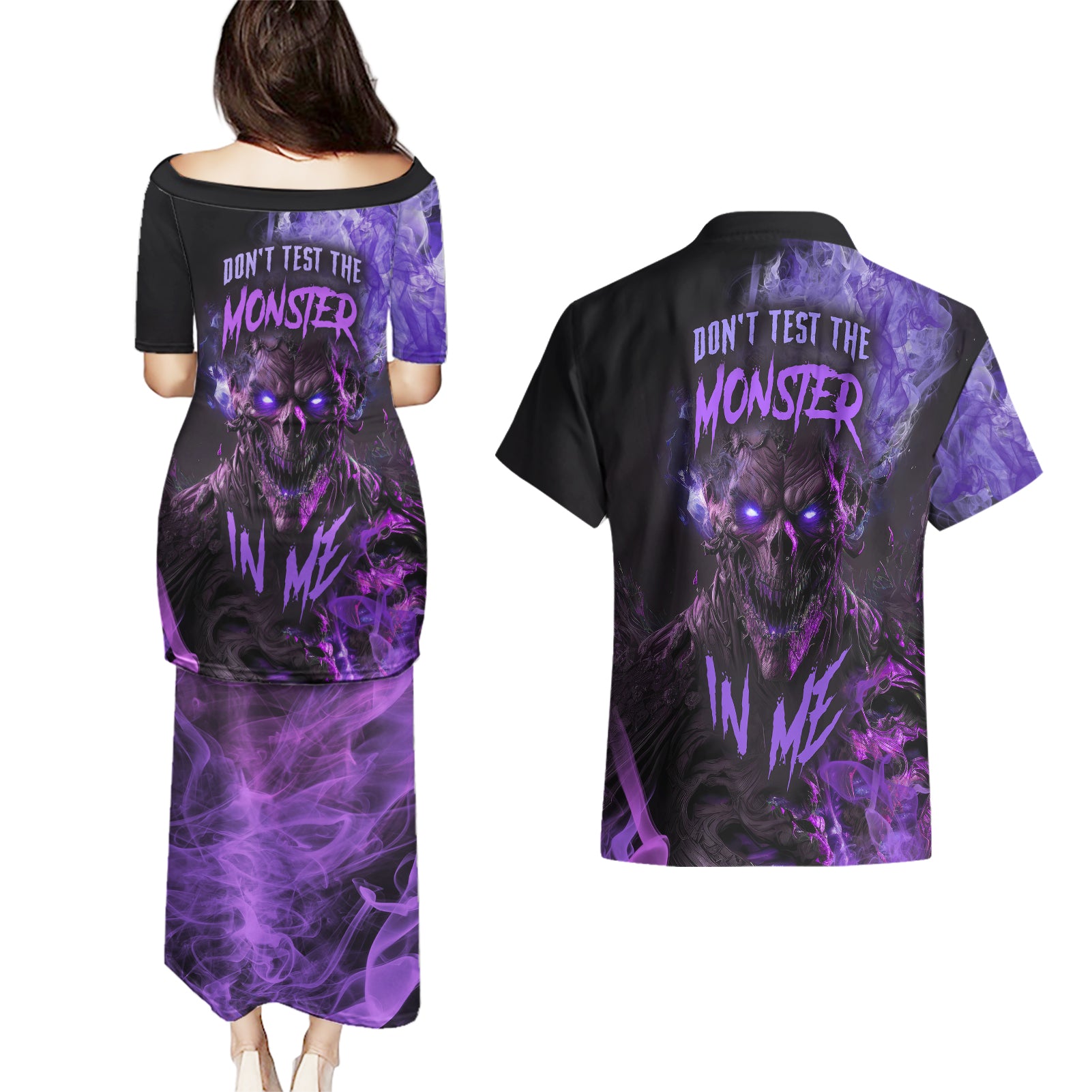 Don't Test The Monster In Me Couples Matching Puletasi Dress and Hawaiian Shirt - Wonder Print Shop