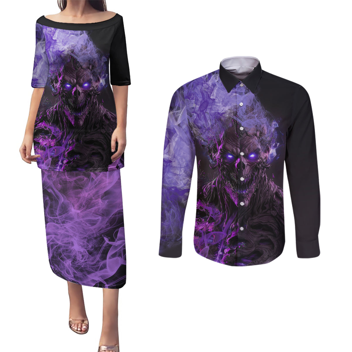 Don't Test The Monster In Me Couples Matching Puletasi Dress and Long Sleeve Button Shirts - Wonder Print Shop
