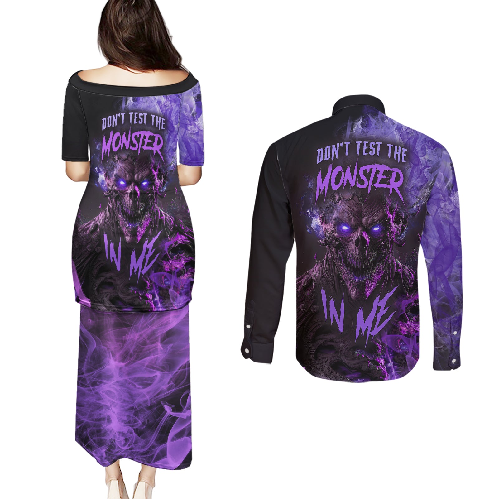 Don't Test The Monster In Me Couples Matching Puletasi Dress and Long Sleeve Button Shirts - Wonder Print Shop