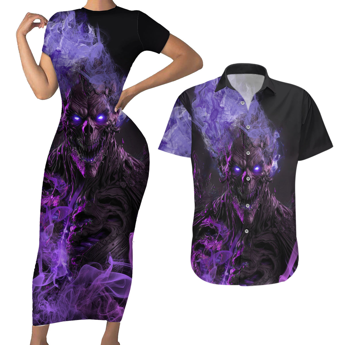 Don't Test The Monster In Me Couples Matching Short Sleeve Bodycon Dress and Hawaiian Shirt - Wonder Print Shop