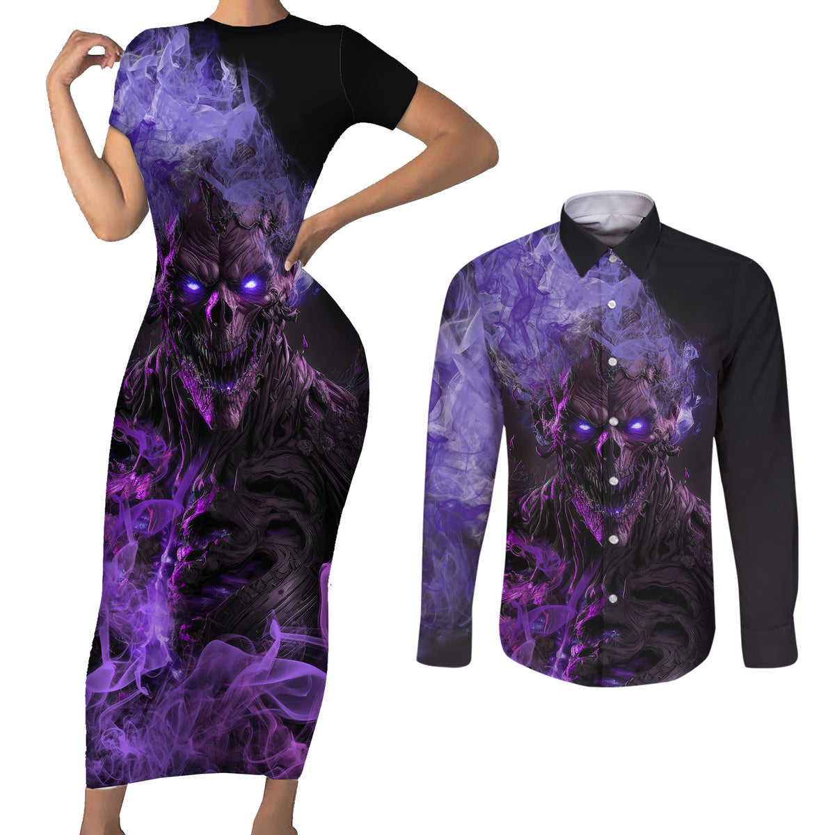 Don't Test The Monster In Me Couples Matching Short Sleeve Bodycon Dress and Long Sleeve Button Shirts - Wonder Print Shop