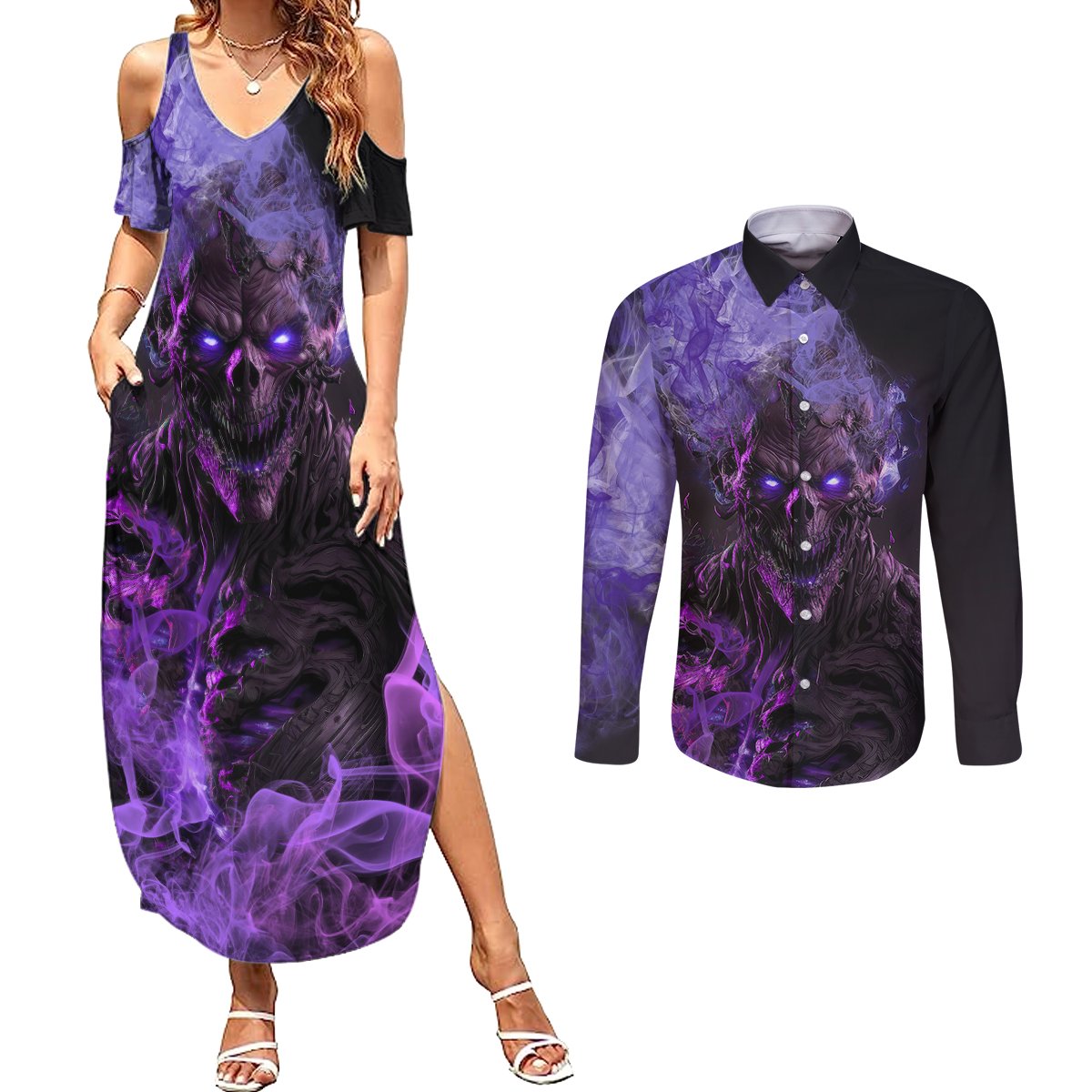 Don't Test The Monster In Me Couples Matching Summer Maxi Dress and Long Sleeve Button Shirts - Wonder Print Shop