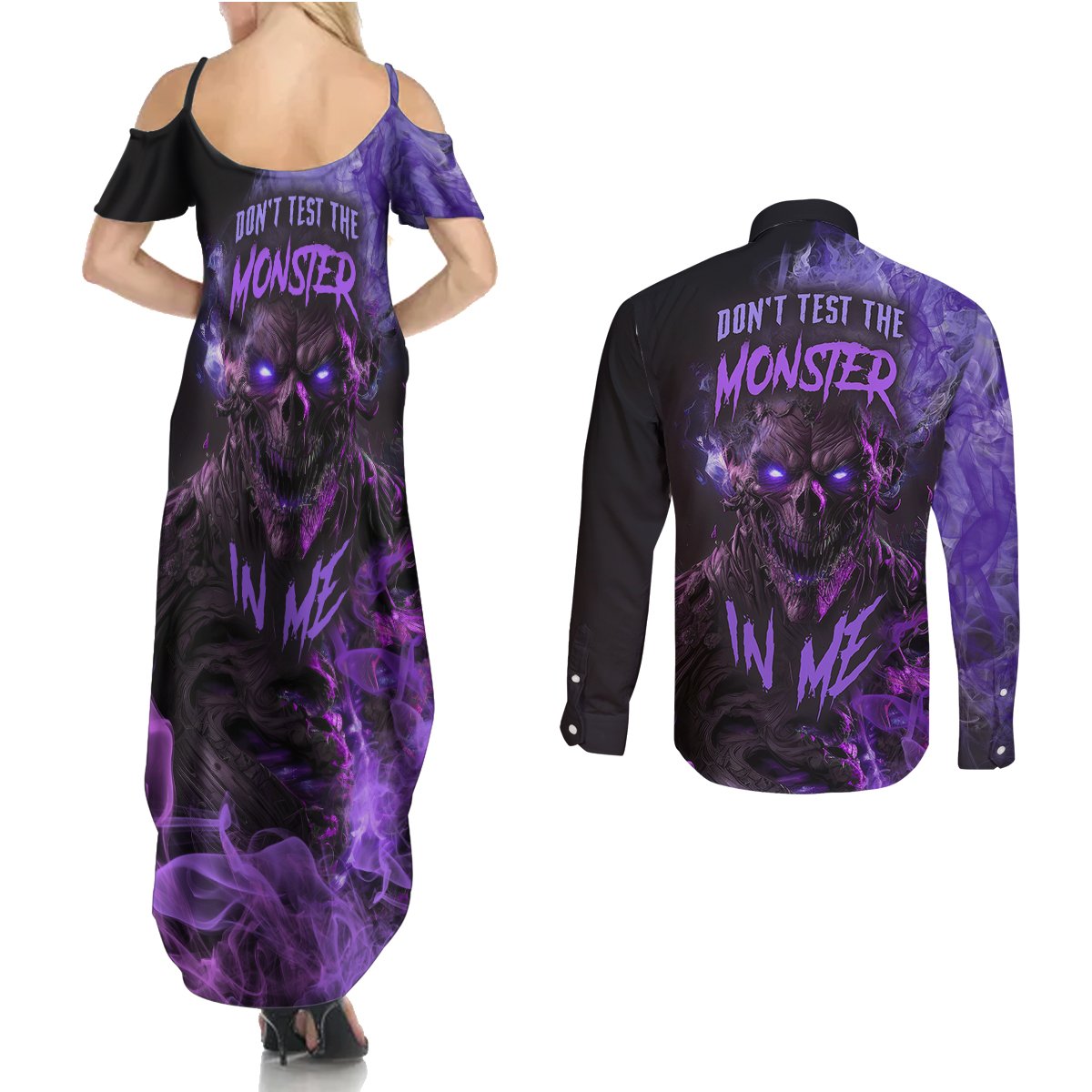 Don't Test The Monster In Me Couples Matching Summer Maxi Dress and Long Sleeve Button Shirts - Wonder Print Shop