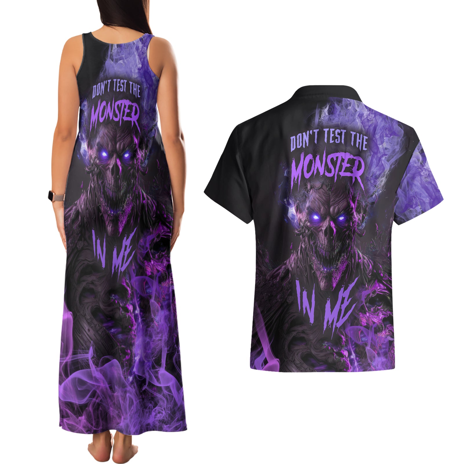 Don't Test The Monster In Me Couples Matching Tank Maxi Dress and Hawaiian Shirt - Wonder Print Shop