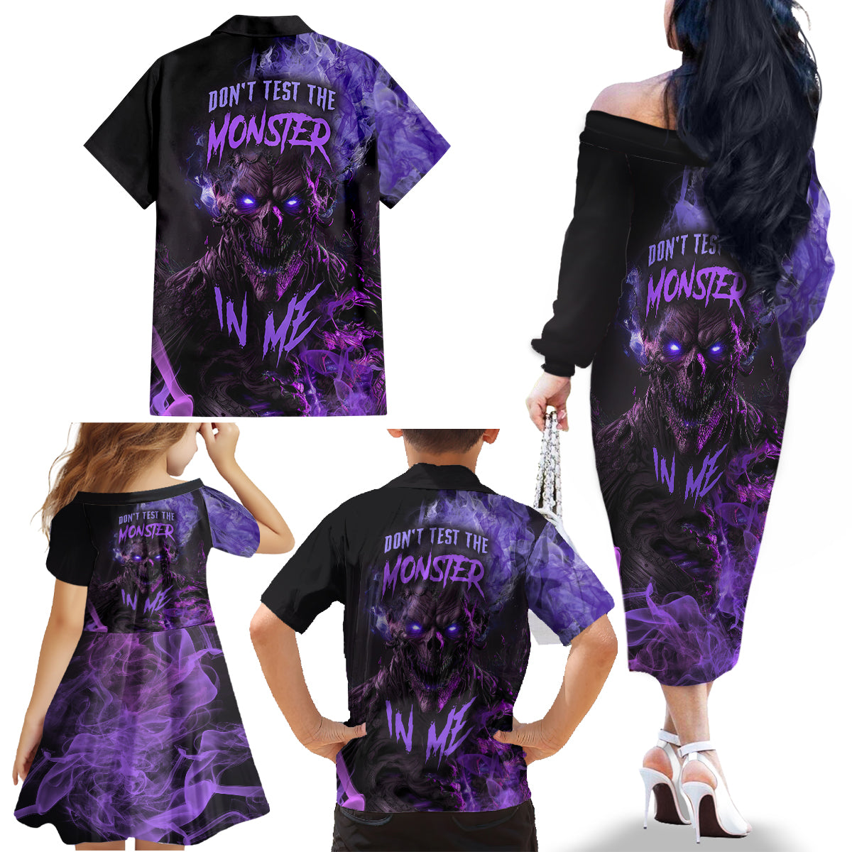 Don't Test The Monster In Me Family Matching Off Shoulder Long Sleeve Dress and Hawaiian Shirt - Wonder Print Shop