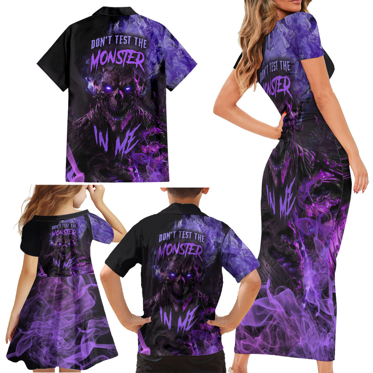 Don't Test The Monster In Me Family Matching Short Sleeve Bodycon Dress and Hawaiian Shirt - Wonder Print Shop