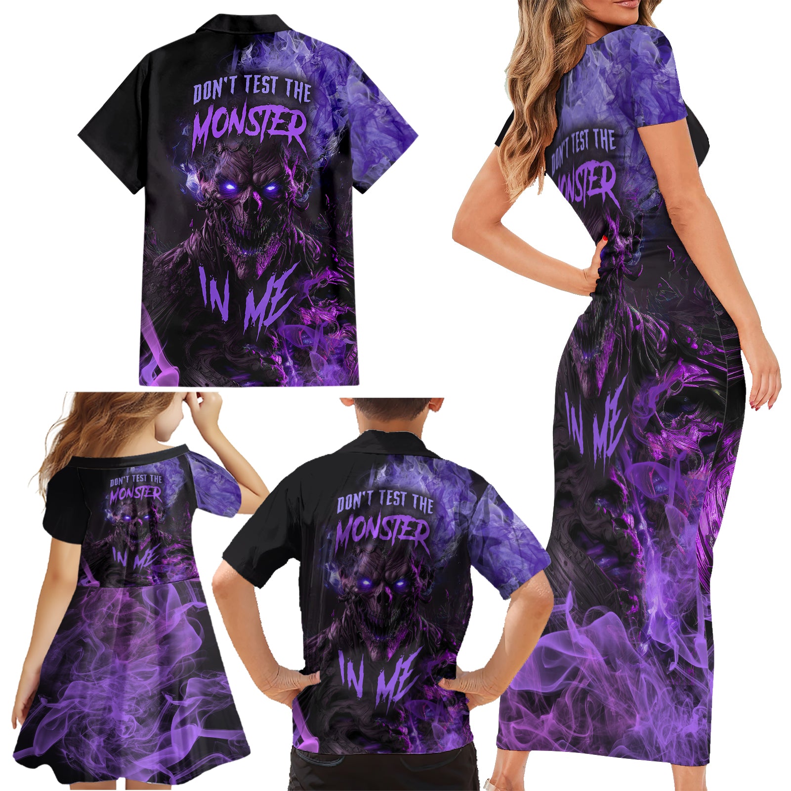Don't Test The Monster In Me Family Matching Short Sleeve Bodycon Dress and Hawaiian Shirt - Wonder Print Shop