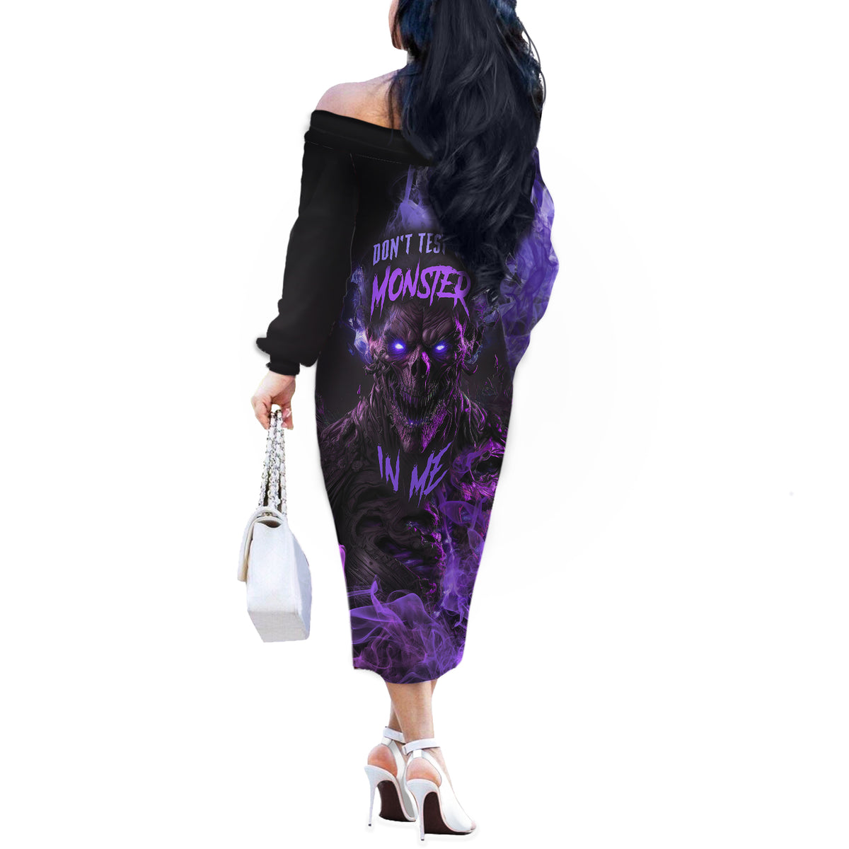 Don't Test The Monster In Me Off The Shoulder Long Sleeve Dress - Wonder Print Shop