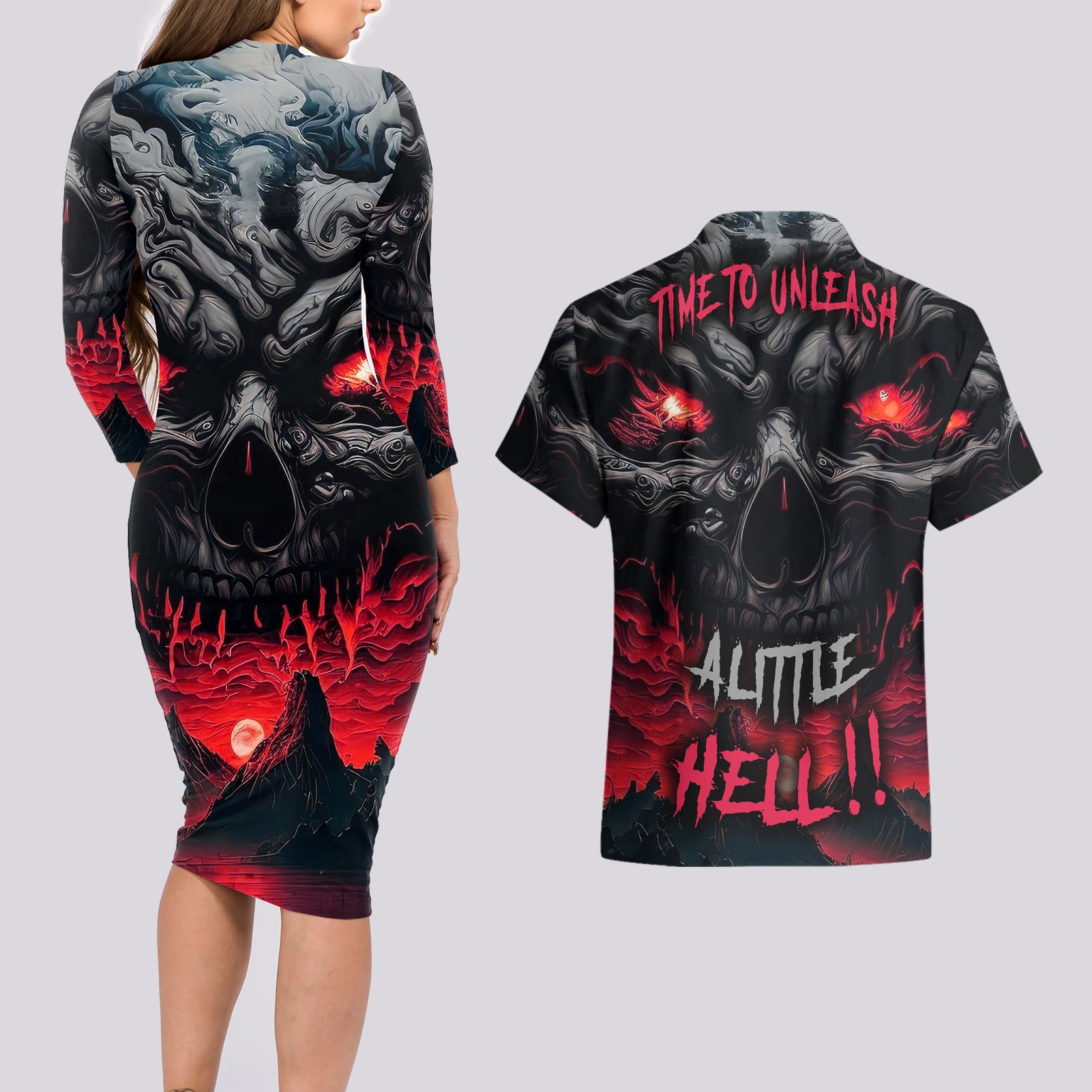 Time To Unleash Alittle Hell!! Couples Matching Long Sleeve Bodycon Dress and Hawaiian Shirt - Wonder Print Shop