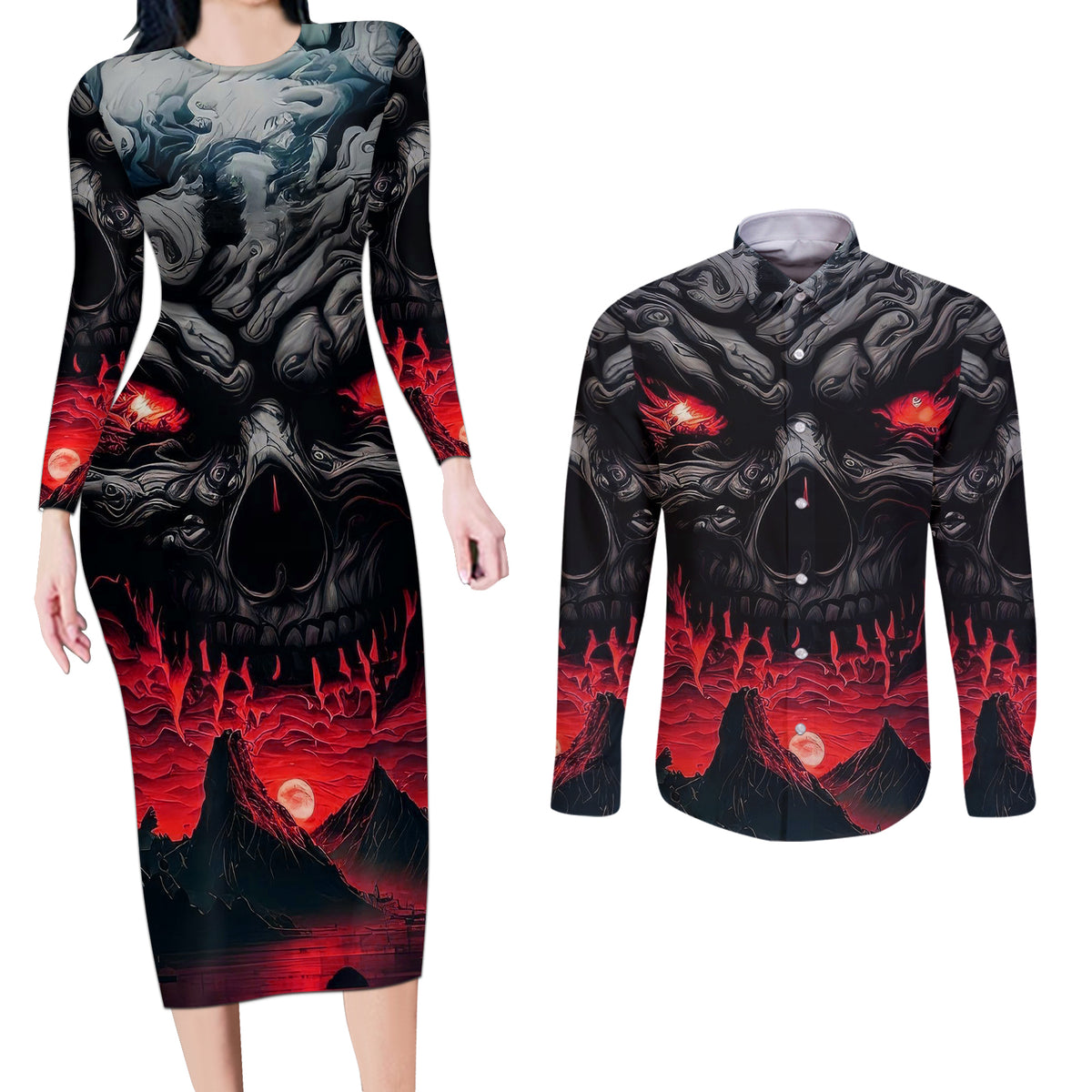 Time To Unleash Alittle Hell!! Couples Matching Long Sleeve Bodycon Dress and Long Sleeve Button Shirts - Wonder Print Shop