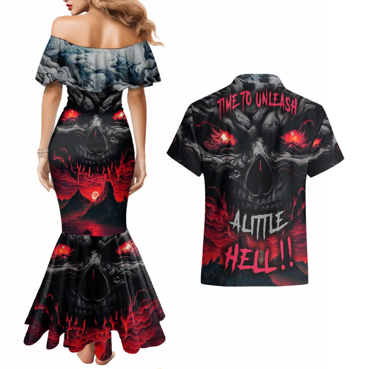 Time To Unleash Alittle Hell!! Couples Matching Mermaid Dress and Hawaiian Shirt - Wonder Print Shop
