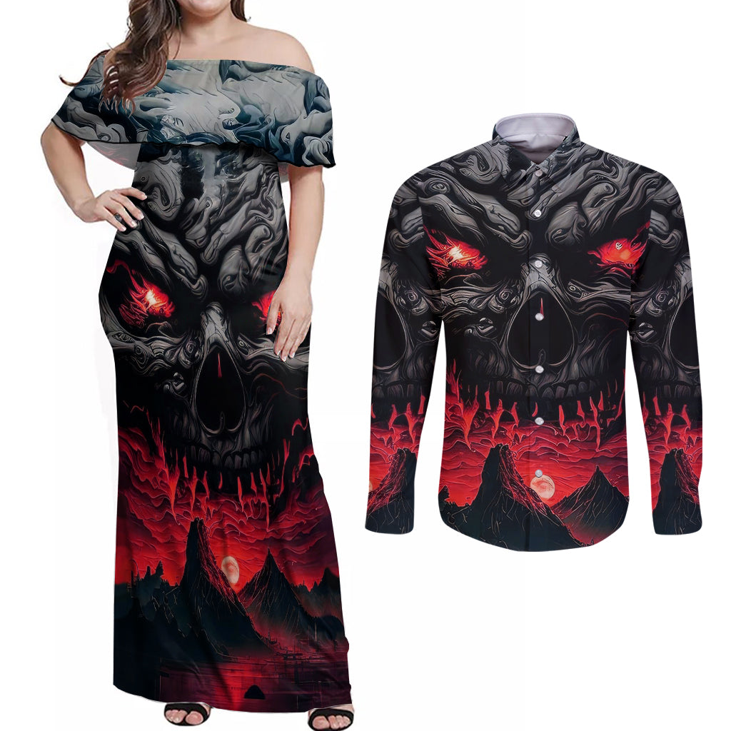 Time To Unleash Alittle Hell!! Couples Matching Off Shoulder Maxi Dress and Long Sleeve Button Shirts - Wonder Print Shop
