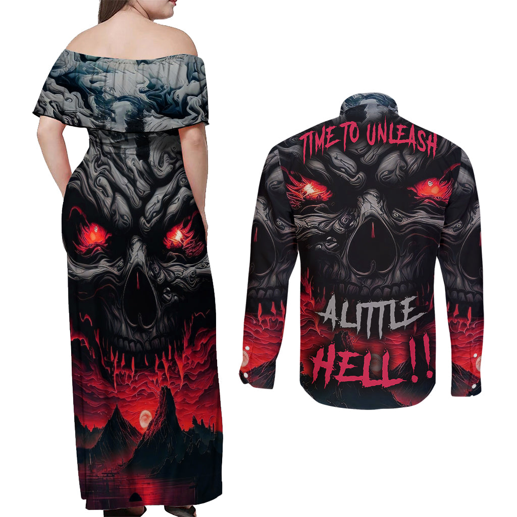 Time To Unleash Alittle Hell!! Couples Matching Off Shoulder Maxi Dress and Long Sleeve Button Shirts - Wonder Print Shop