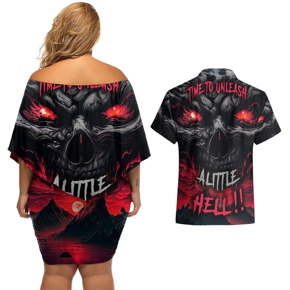 Time To Unleash Alittle Hell!! Couples Matching Off Shoulder Short Dress and Hawaiian Shirt - Wonder Print Shop