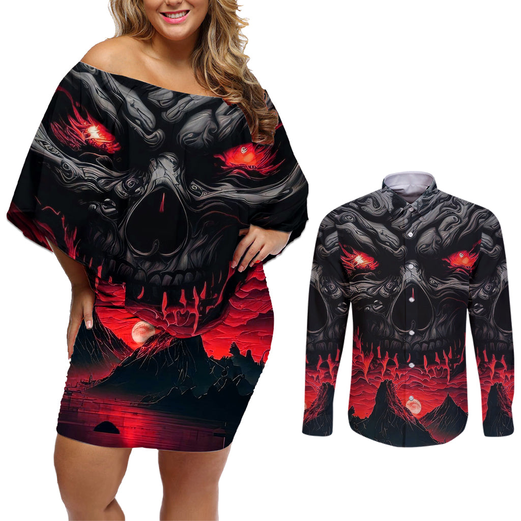 Time To Unleash Alittle Hell!! Couples Matching Off Shoulder Short Dress and Long Sleeve Button Shirts - Wonder Print Shop