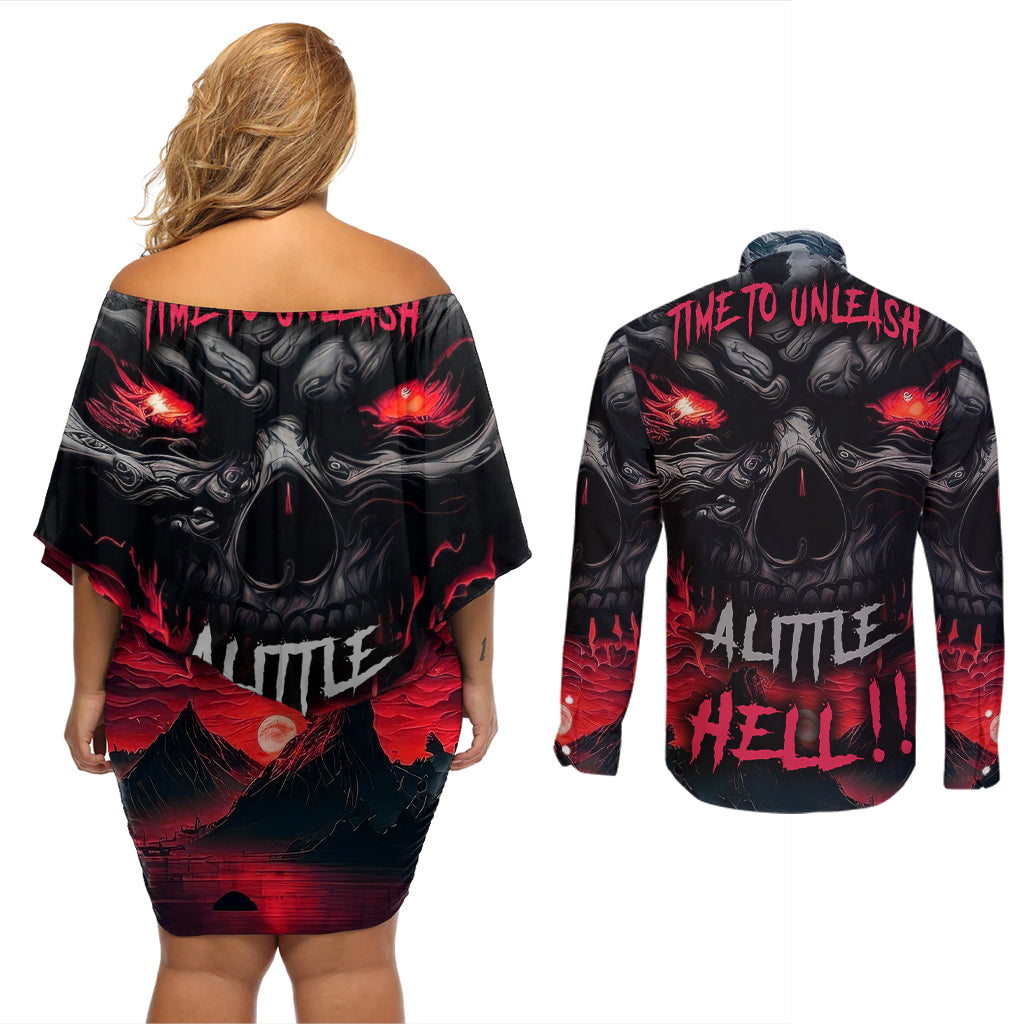 Time To Unleash Alittle Hell!! Couples Matching Off Shoulder Short Dress and Long Sleeve Button Shirts - Wonder Print Shop