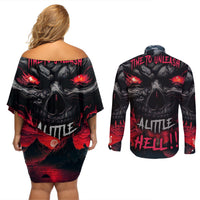Time To Unleash Alittle Hell!! Couples Matching Off Shoulder Short Dress and Long Sleeve Button Shirts - Wonder Print Shop