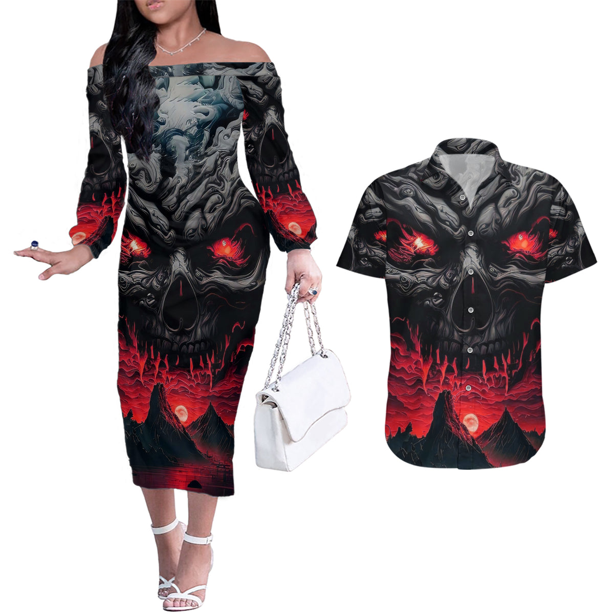 Time To Unleash Alittle Hell!! Couples Matching Off The Shoulder Long Sleeve Dress and Hawaiian Shirt - Wonder Print Shop