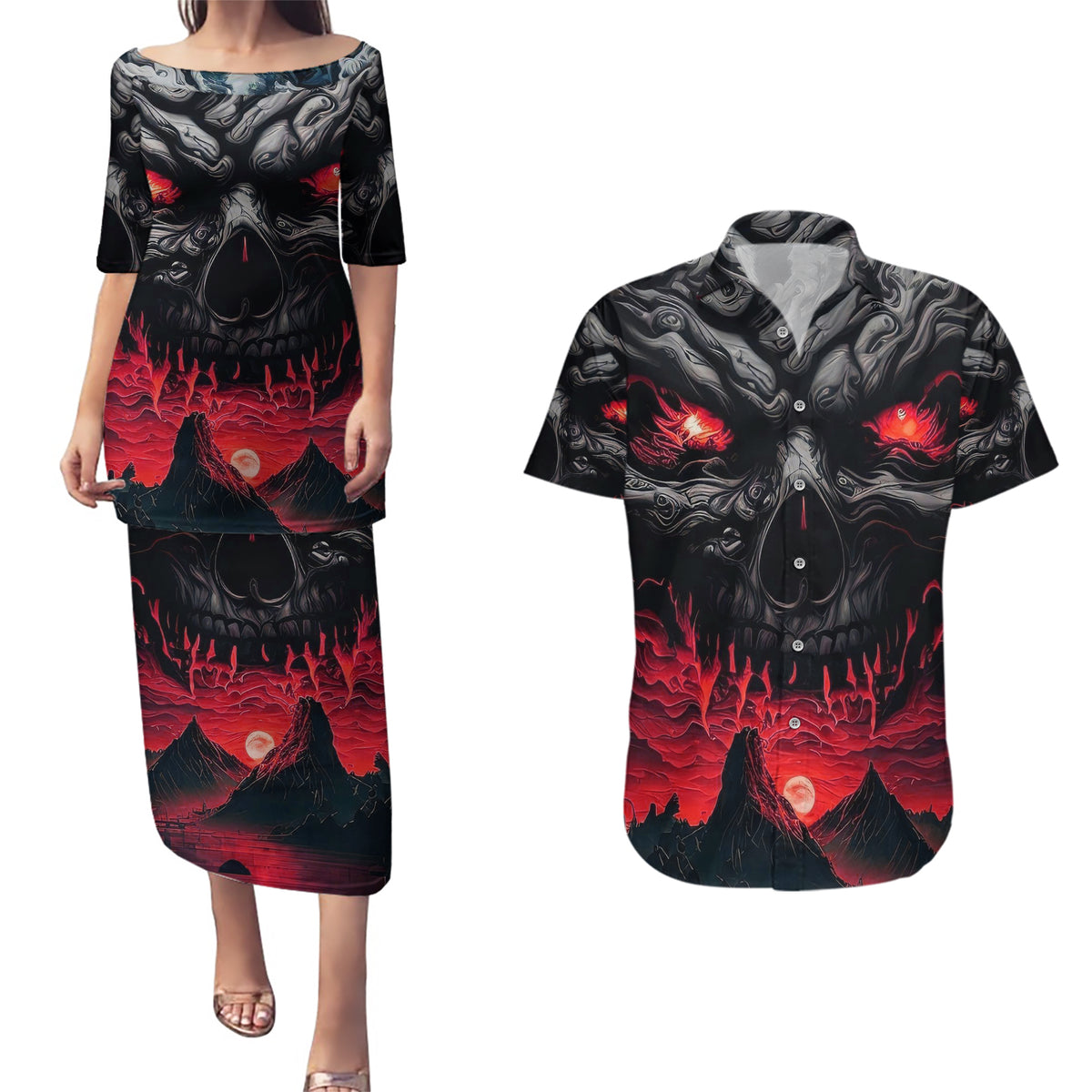 Time To Unleash Alittle Hell!! Couples Matching Puletasi Dress and Hawaiian Shirt - Wonder Print Shop