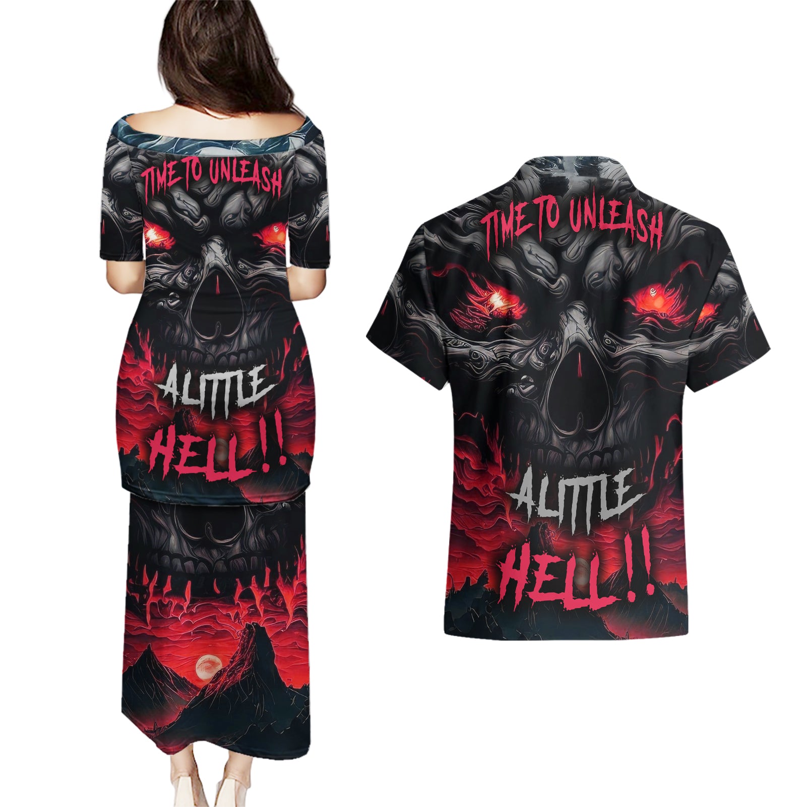 Time To Unleash Alittle Hell!! Couples Matching Puletasi Dress and Hawaiian Shirt - Wonder Print Shop