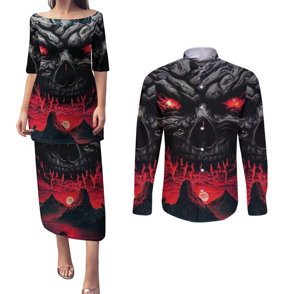 Time To Unleash Alittle Hell!! Couples Matching Puletasi Dress and Long Sleeve Button Shirts - Wonder Print Shop