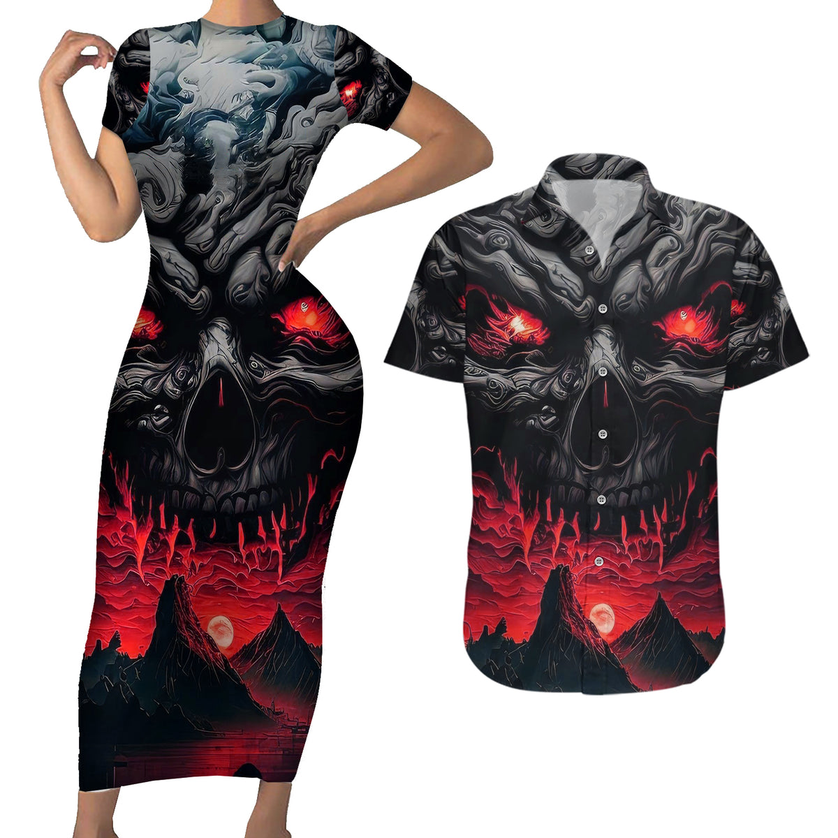 Time To Unleash Alittle Hell!! Couples Matching Short Sleeve Bodycon Dress and Hawaiian Shirt - Wonder Print Shop