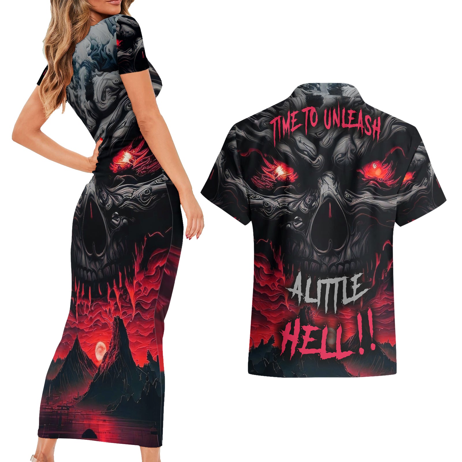 Time To Unleash Alittle Hell!! Couples Matching Short Sleeve Bodycon Dress and Hawaiian Shirt - Wonder Print Shop