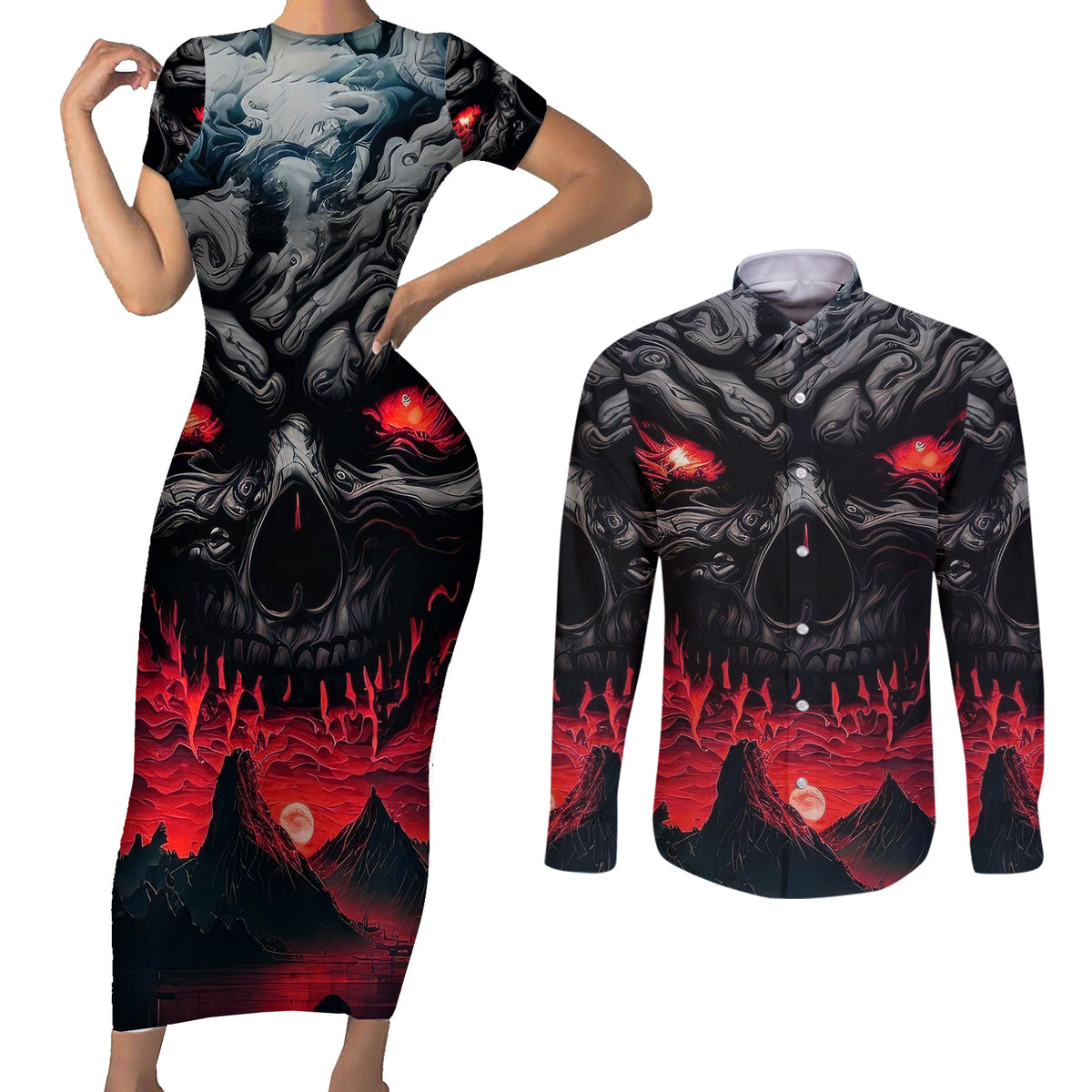 Time To Unleash Alittle Hell!! Couples Matching Short Sleeve Bodycon Dress and Long Sleeve Button Shirts - Wonder Print Shop