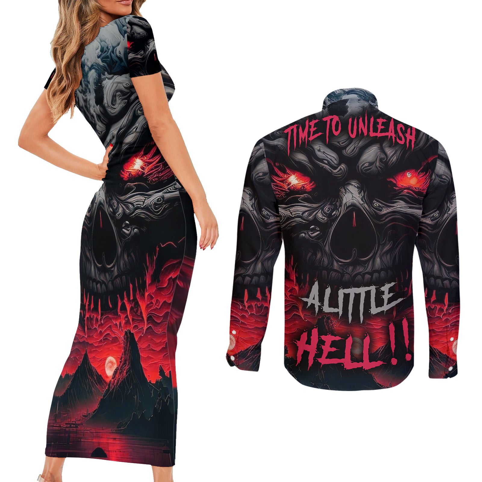Time To Unleash Alittle Hell!! Couples Matching Short Sleeve Bodycon Dress and Long Sleeve Button Shirts - Wonder Print Shop