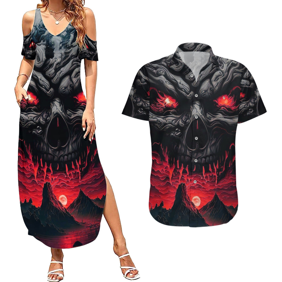 Time To Unleash Alittle Hell!! Couples Matching Summer Maxi Dress and Hawaiian Shirt - Wonder Print Shop