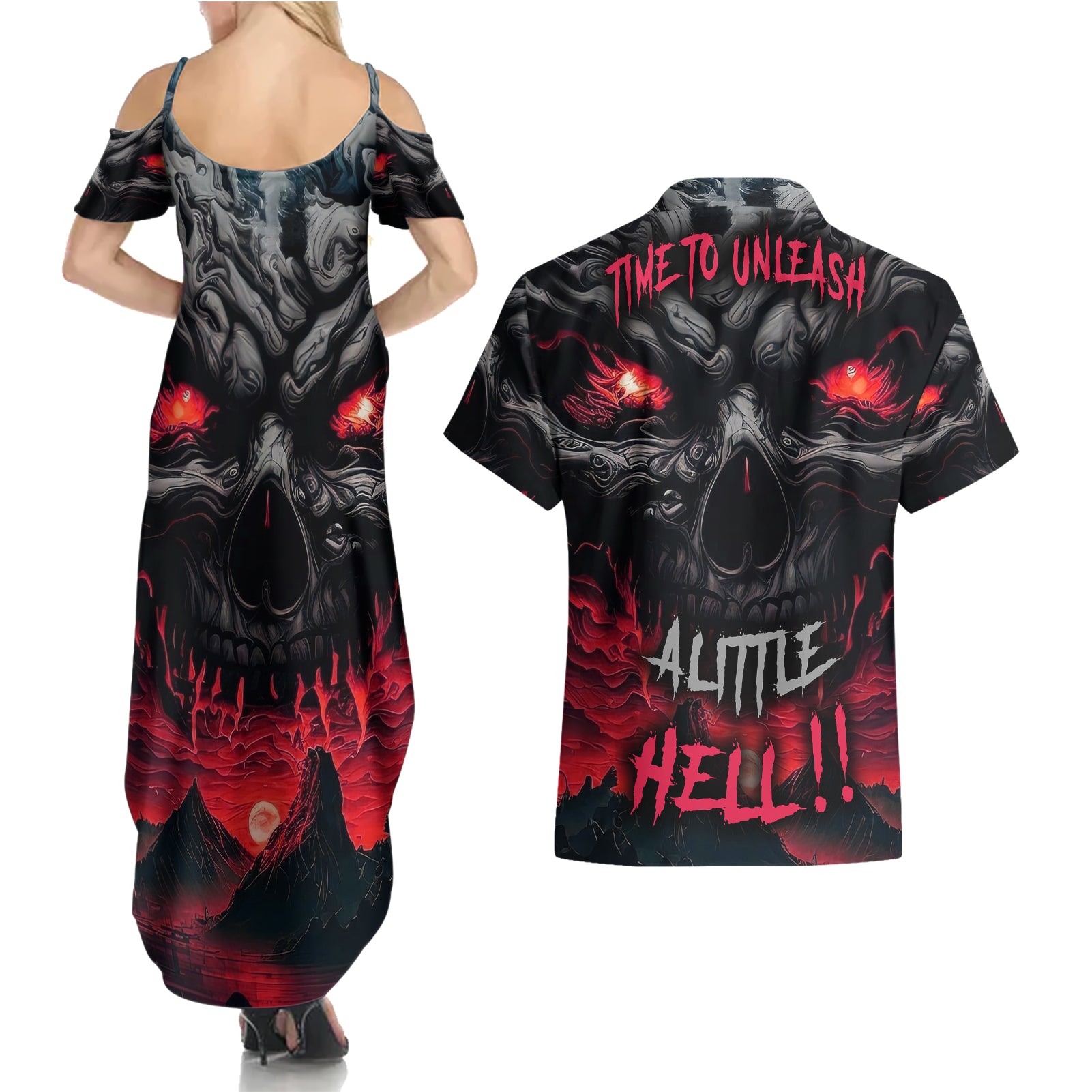 Time To Unleash Alittle Hell!! Couples Matching Summer Maxi Dress and Hawaiian Shirt - Wonder Print Shop